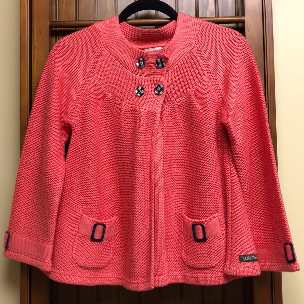 Beautiful coral color sweater/blue plaid buttons
